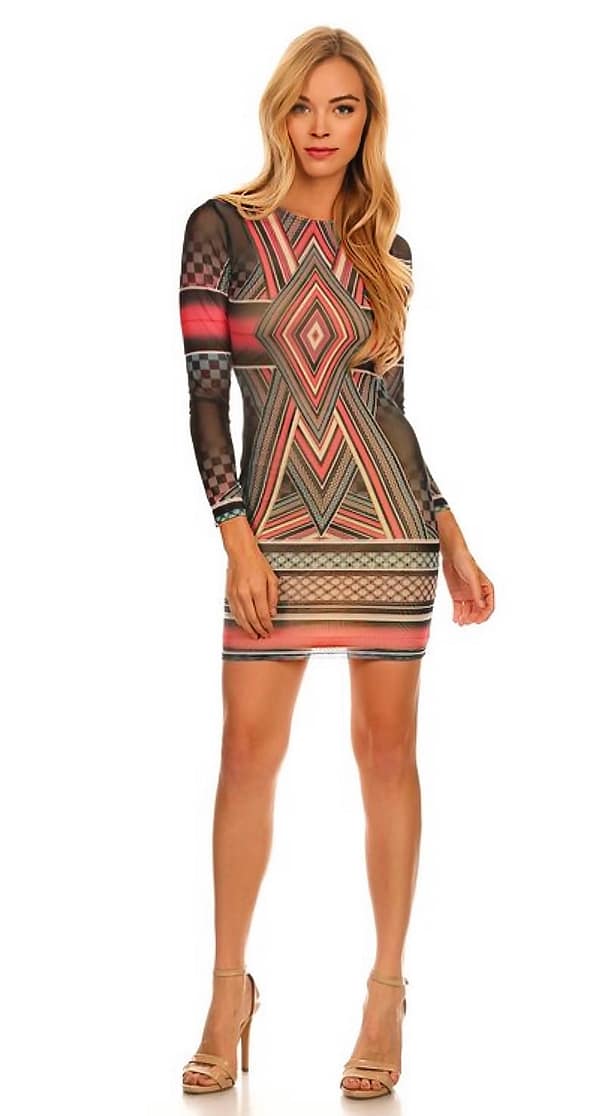 Vestido Corto Pegado De Tela De Malla Strech Transparente Estampado  Multicolor Con Mangas Largas (V0081) | Rengela.com