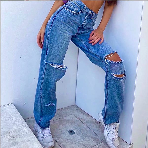 Pantalón De Jean De Corte Ancho Tipo Boyfriend De Cintura Alta En Color  Azul Medio Con Detalles De Cortes En Rodillas (P0089) | Rengela.com