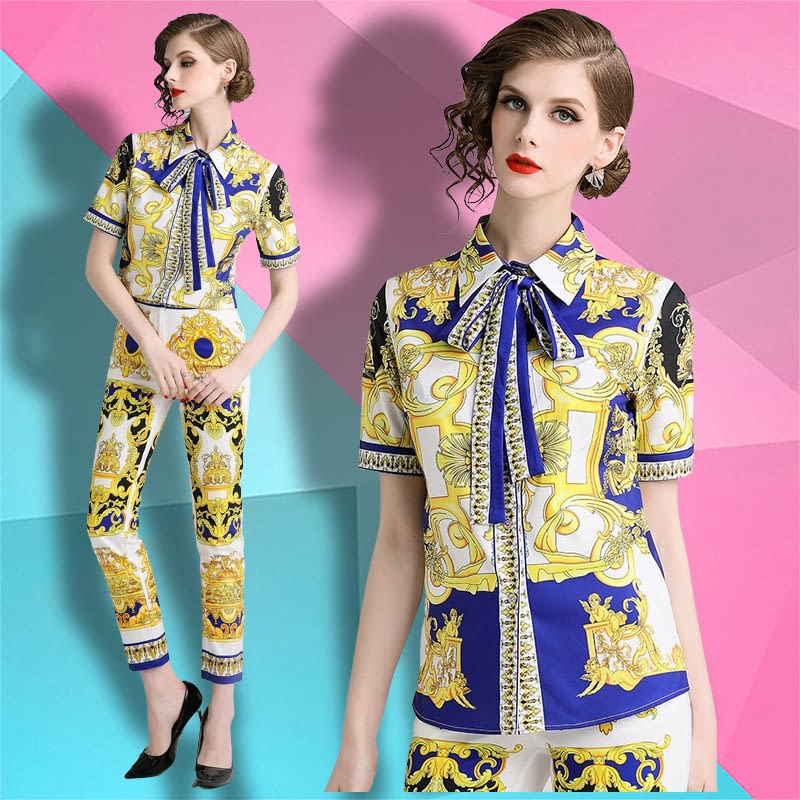 Conjunto O Set De 2 Piezas Estampado Que Consta De Pantalón Largo Tipo  Lapiz Y Camisa De Mangas Cortas Con Botones Y Cuello Con Corbata De Lazo A  Detalle (ST0019) | Rengela.com